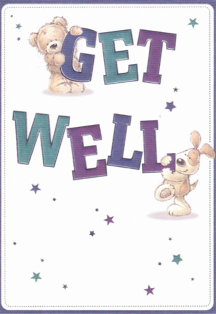 This get well card is more than just a message-it's a celebration of encouragement, softly painted with the friendly faces of a bear and a puppy that capture the heart of community care in Cubitt Town. The bear sits proudly beside a vivacious puppy, both brimming with gentle mischief, surrounded by scattered stars resembling hopeful wishes drifting above riverside walkways. The typographical design boldly proclaims 'Get Well' in lavish gradients of purple and teal, each letter grounded in cheerful reassurance, much like the dependable blooms found at Cubitt Town Florist on a grey day. The brushed fur of the bear looks so soft you can almost sense its plushness beneath your fingertips, while the puppy's long velvety ears seem ready to offer a nuzzle of comfort. The clean, luminous background fills the scene with airiness, reminding one of the open green spaces of Millwall Park-an invitation to breathe easy and recover gently. Together, the characters and the spirited palette evoke an optimism perfectly suited to brightening a friend's sickbed in a riverside flat or ward. Sending this card feels like sending a hand-tied bouquet across Cubitt Town: an act filled with care, delivering joy and genuine warmth to someone in need of encouragement and hope.
